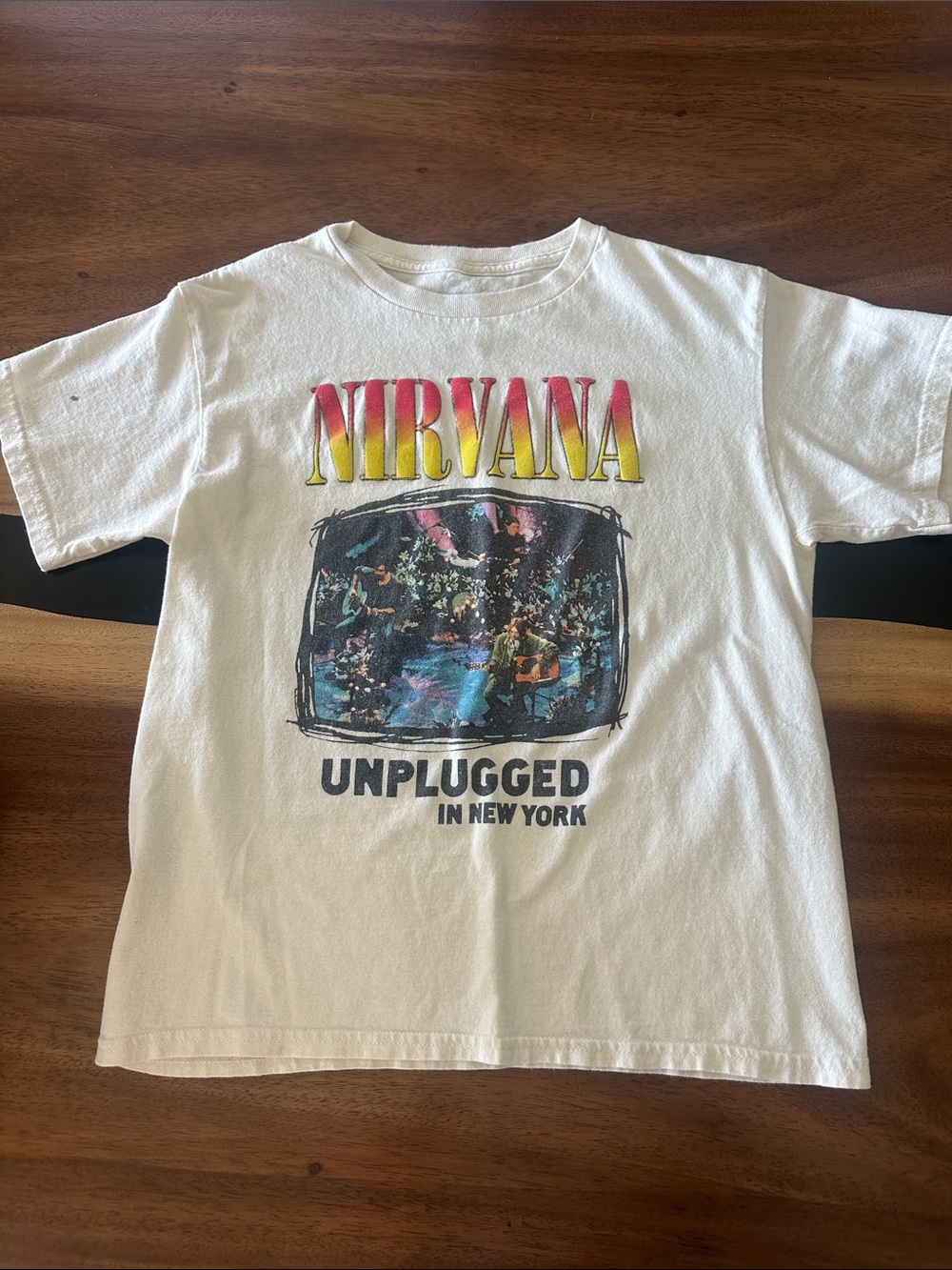 NIRVANA cream Kids Unplugged Graphic Tee with Red-Yellow Logo